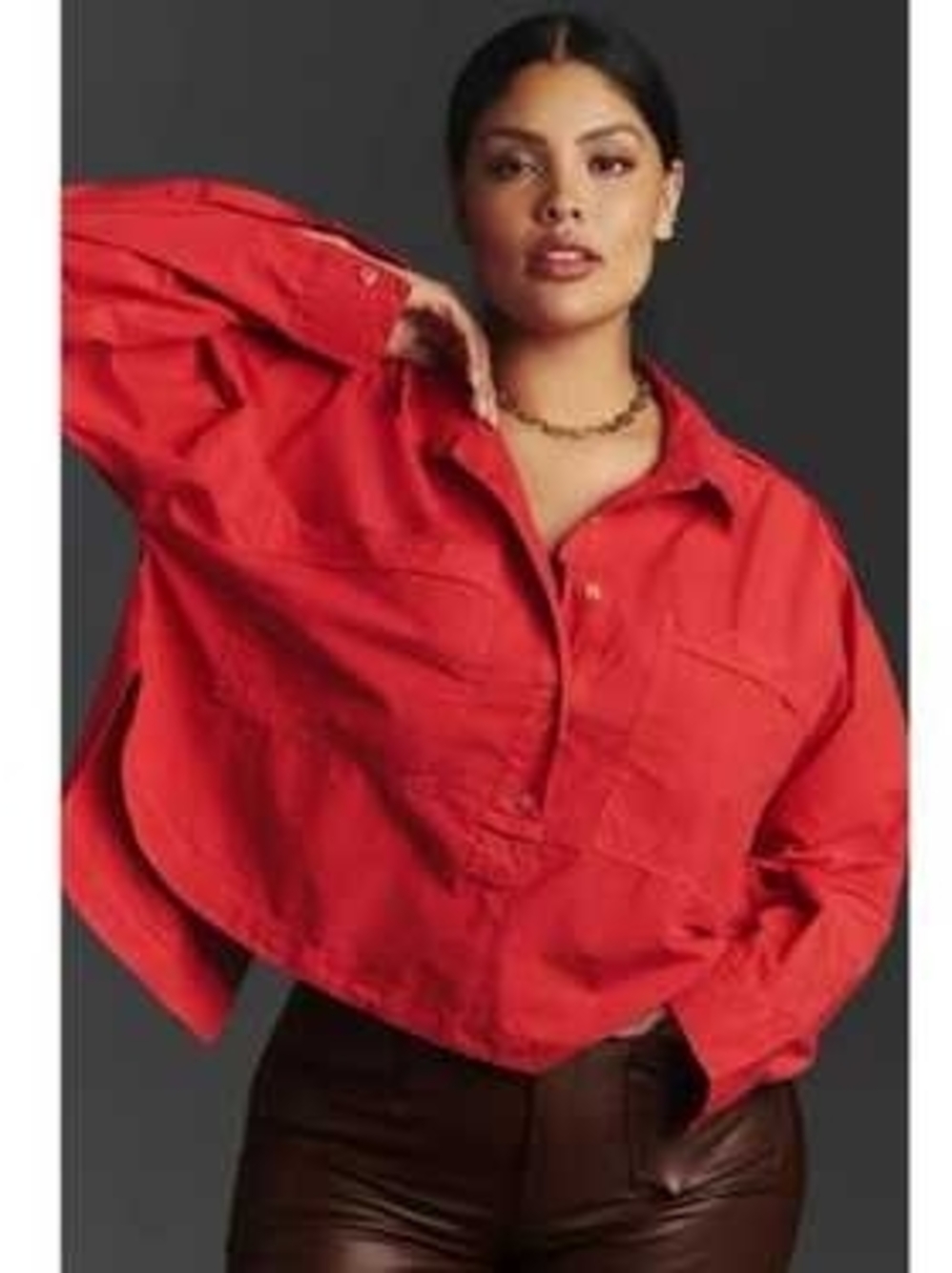 PILCRO | Anthro Coral Red Split Back Boxy Crop Utility Shirt Oversized Top | L - Picture 3 of 11